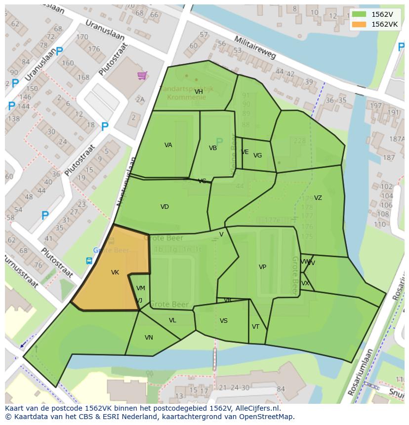 Afbeelding van het postcodegebied 1562 VK op de kaart.