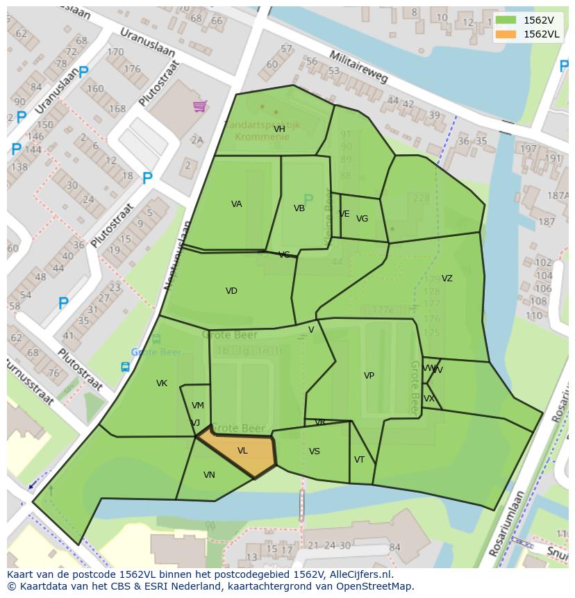 Afbeelding van het postcodegebied 1562 VL op de kaart.