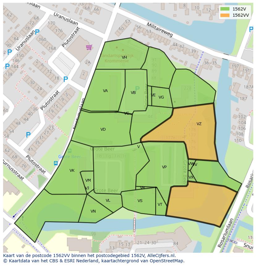 Afbeelding van het postcodegebied 1562 VV op de kaart.