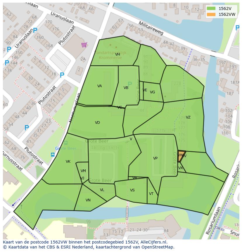 Afbeelding van het postcodegebied 1562 VW op de kaart.