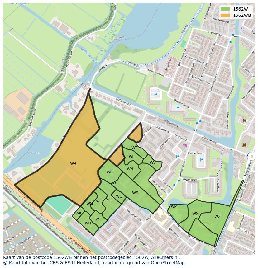Afbeelding van het postcodegebied 1562 WB op de kaart.