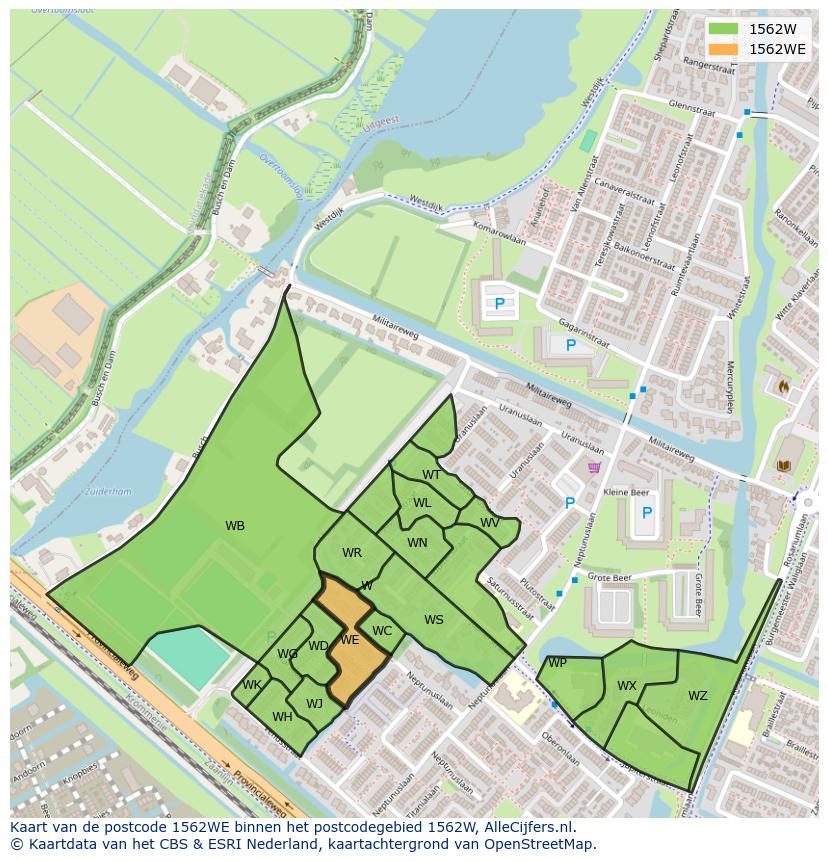 Afbeelding van het postcodegebied 1562 WE op de kaart.