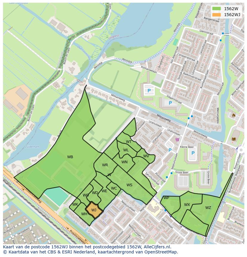 Afbeelding van het postcodegebied 1562 WJ op de kaart.