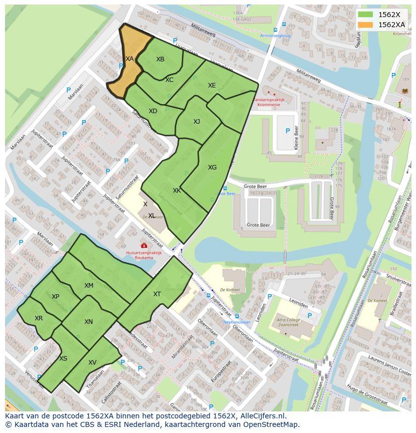 Afbeelding van het postcodegebied 1562 XA op de kaart.