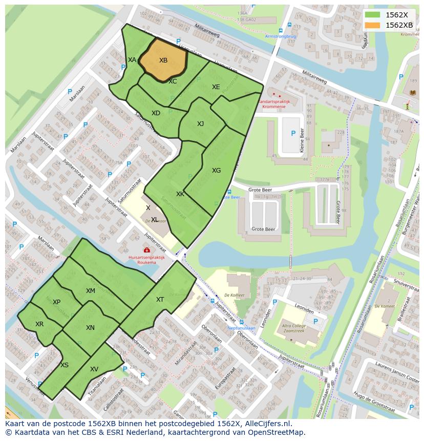 Afbeelding van het postcodegebied 1562 XB op de kaart.