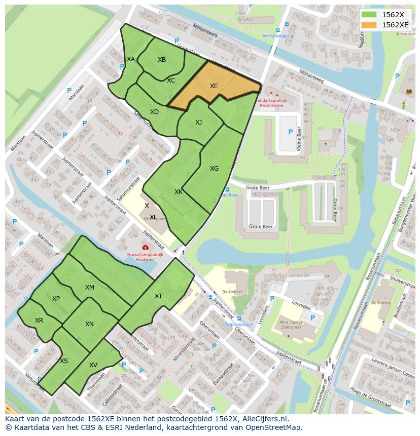 Afbeelding van het postcodegebied 1562 XE op de kaart.