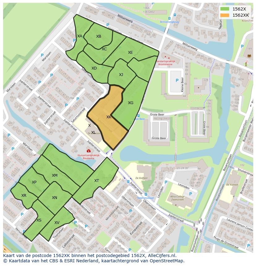Afbeelding van het postcodegebied 1562 XK op de kaart.