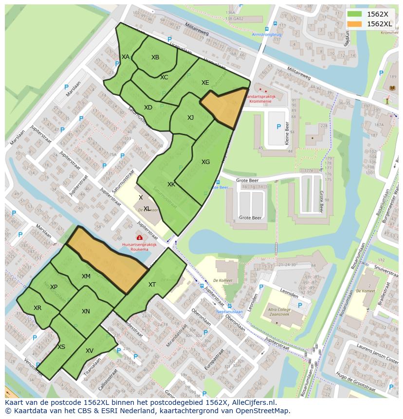 Afbeelding van het postcodegebied 1562 XL op de kaart.