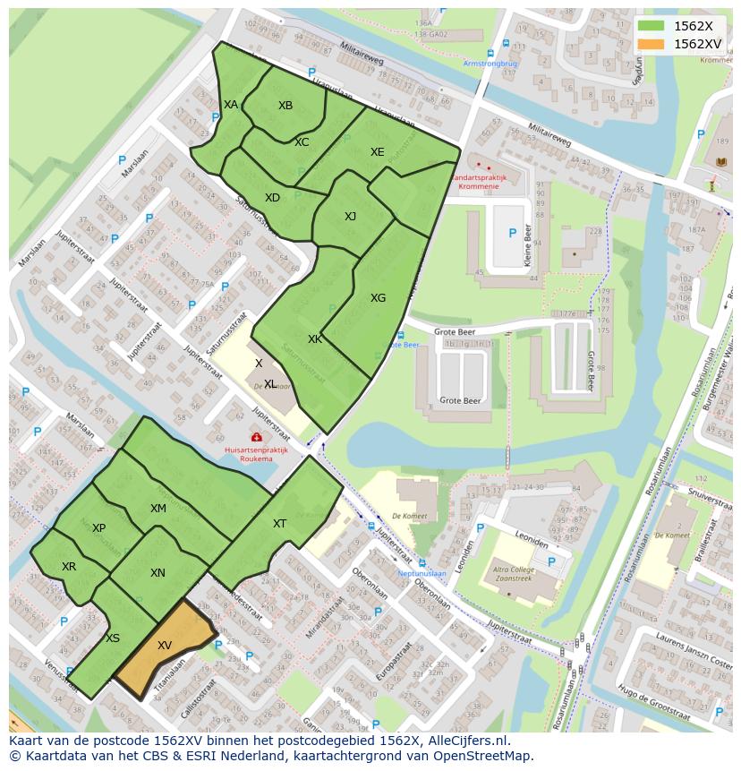Afbeelding van het postcodegebied 1562 XV op de kaart.