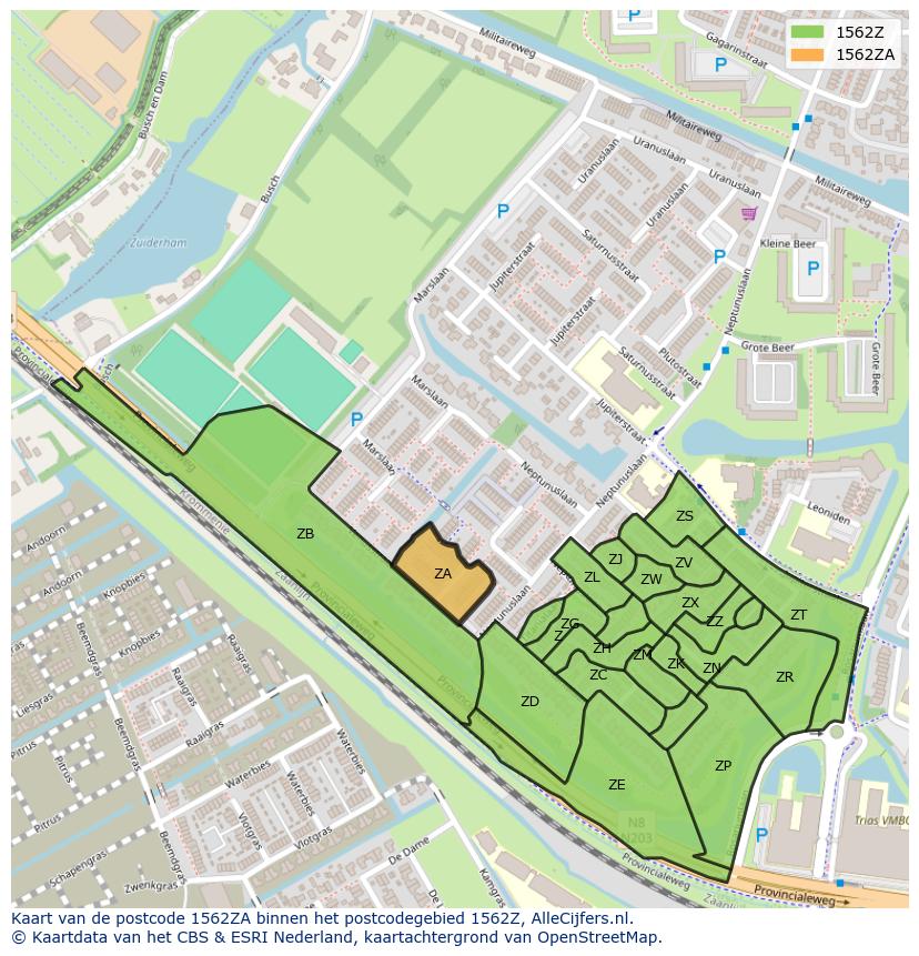 Afbeelding van het postcodegebied 1562 ZA op de kaart.