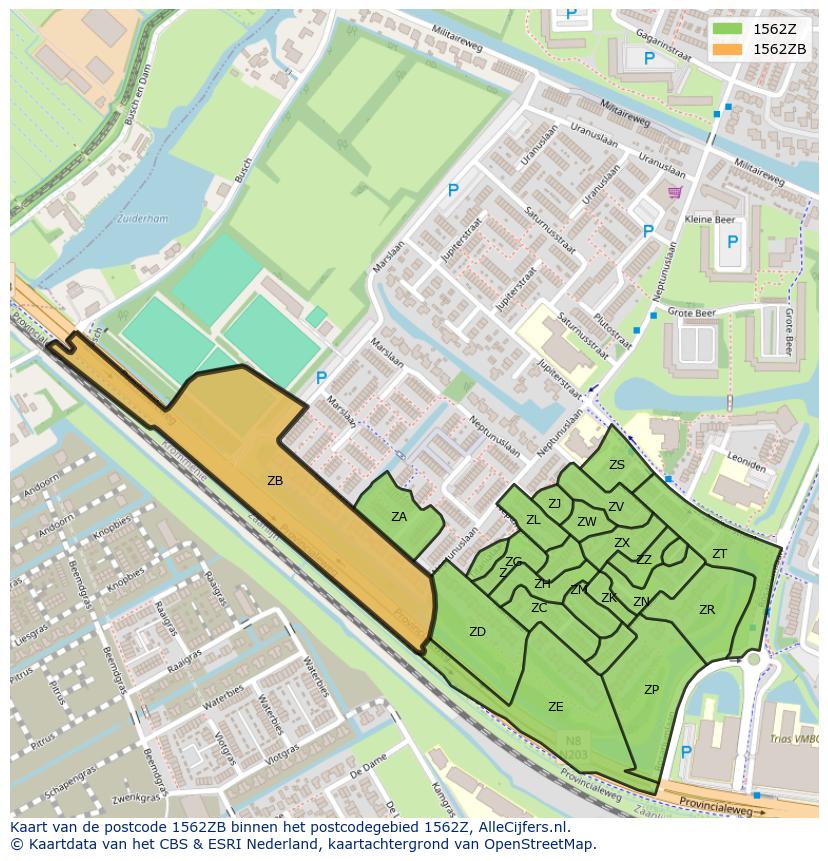 Afbeelding van het postcodegebied 1562 ZB op de kaart.