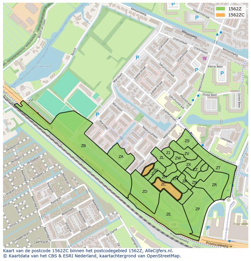 Afbeelding van het postcodegebied 1562 ZC op de kaart.