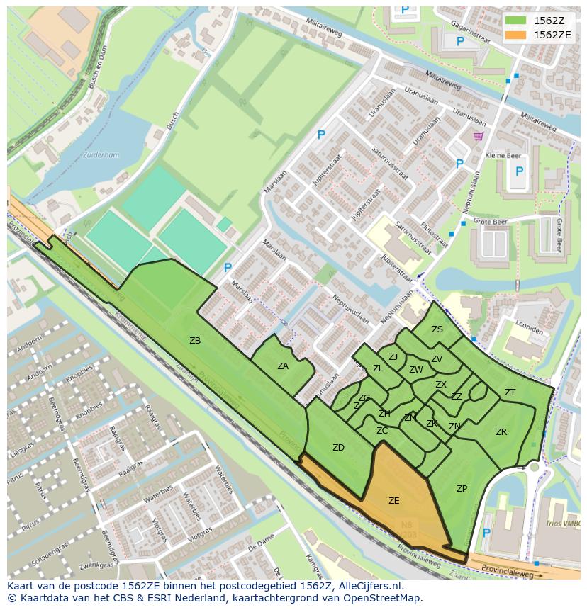 Afbeelding van het postcodegebied 1562 ZE op de kaart.