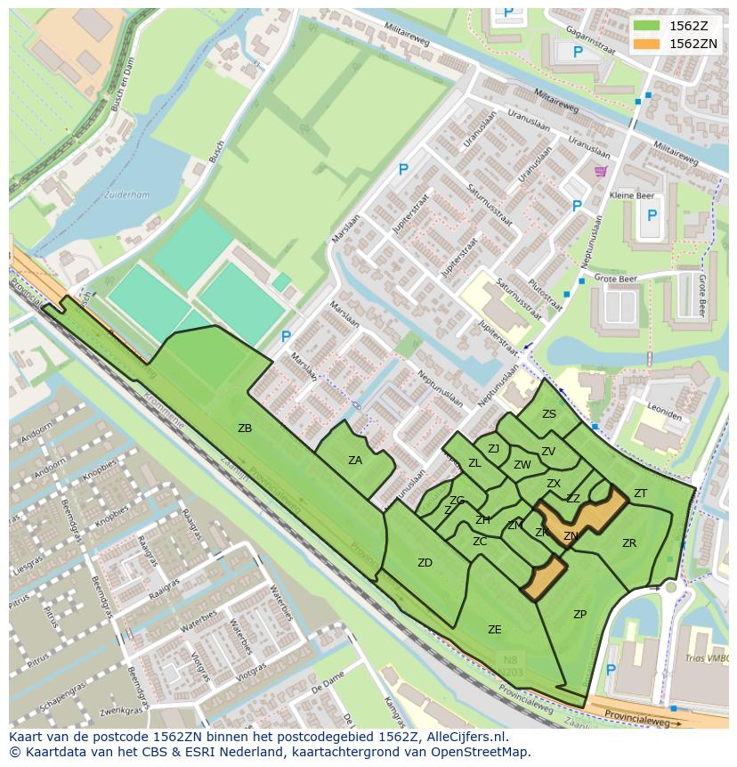 Afbeelding van het postcodegebied 1562 ZN op de kaart.