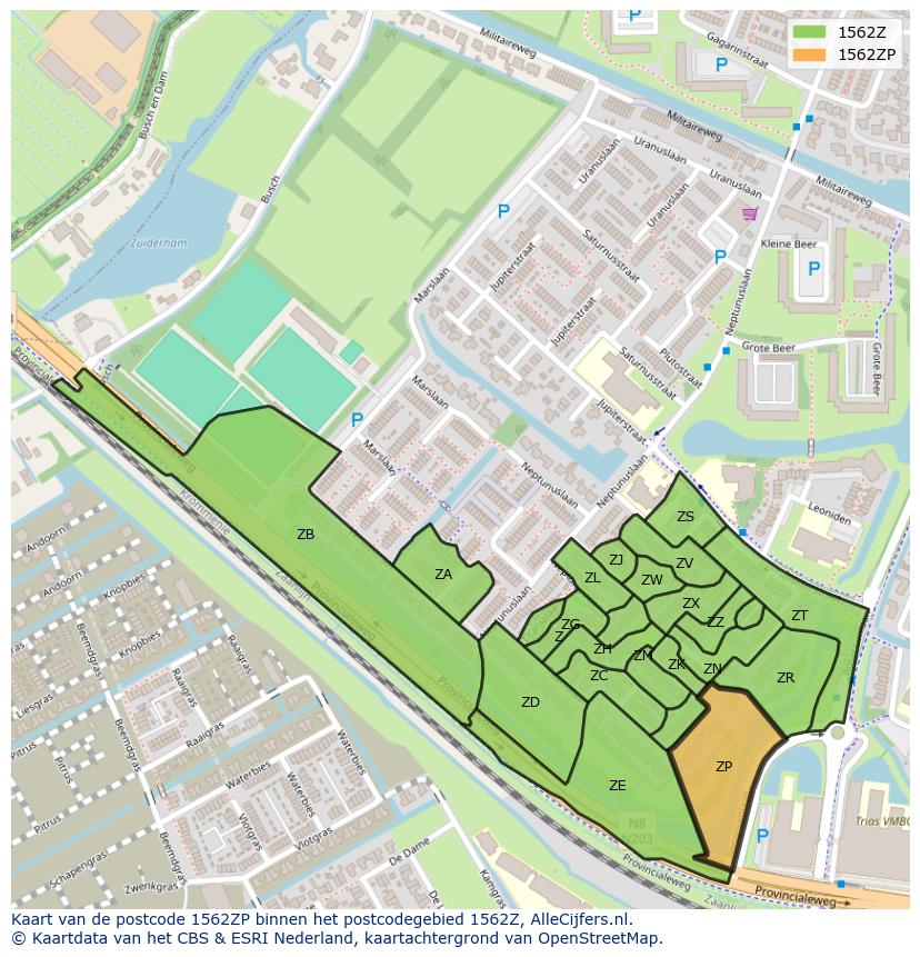 Afbeelding van het postcodegebied 1562 ZP op de kaart.