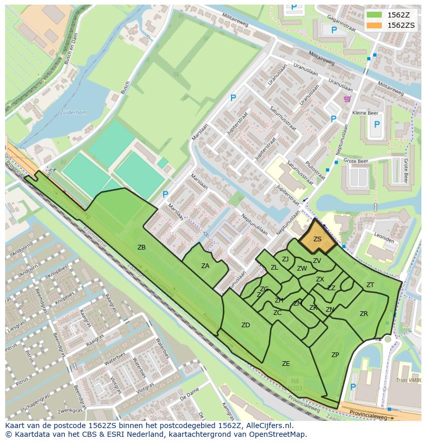 Afbeelding van het postcodegebied 1562 ZS op de kaart.