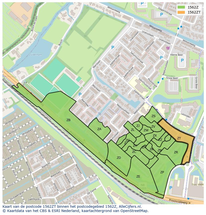 Afbeelding van het postcodegebied 1562 ZT op de kaart.
