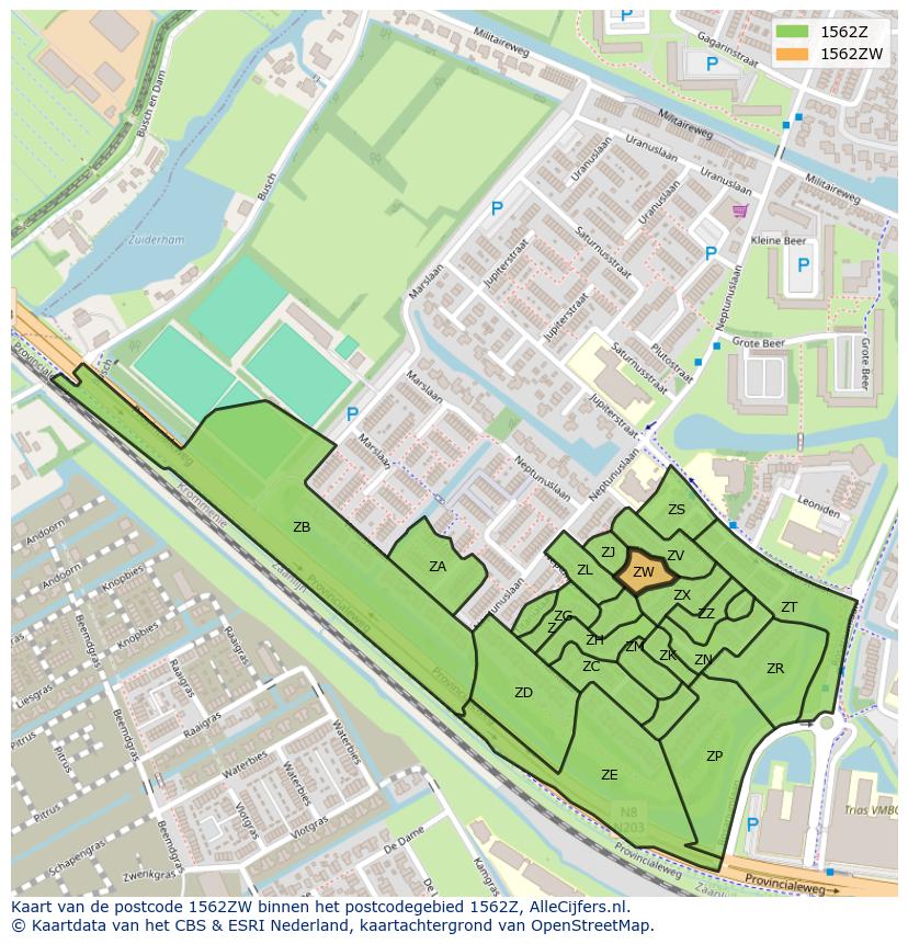Afbeelding van het postcodegebied 1562 ZW op de kaart.