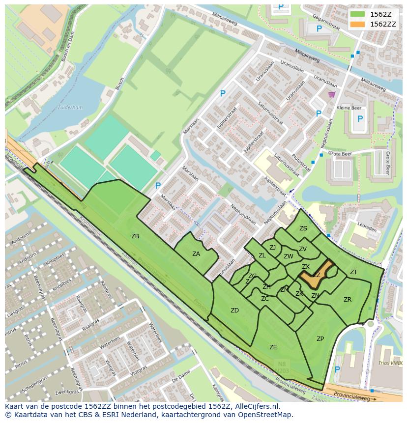Afbeelding van het postcodegebied 1562 ZZ op de kaart.
