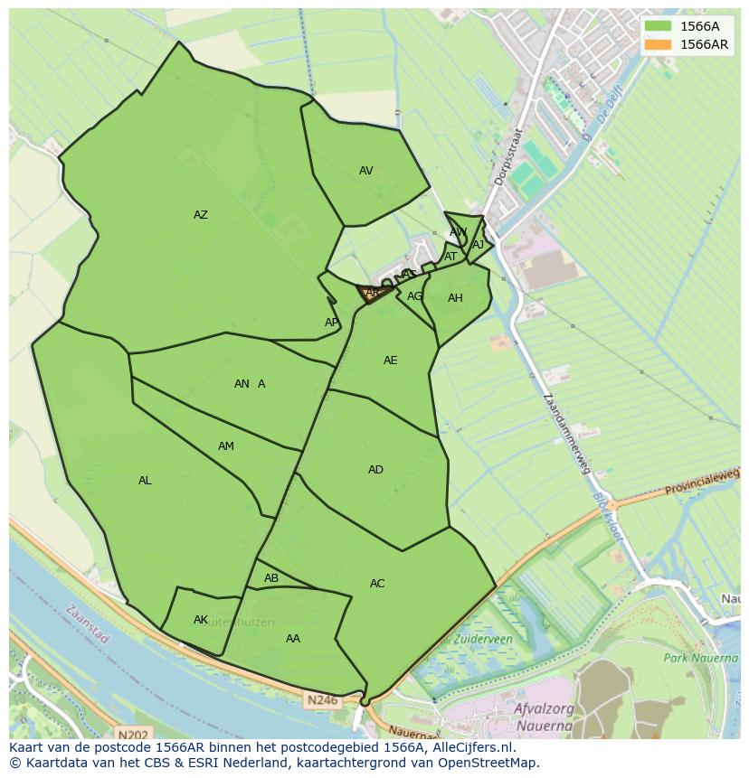 Afbeelding van het postcodegebied 1566 AR op de kaart.