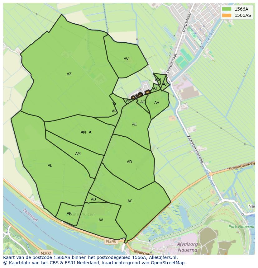 Afbeelding van het postcodegebied 1566 AS op de kaart.