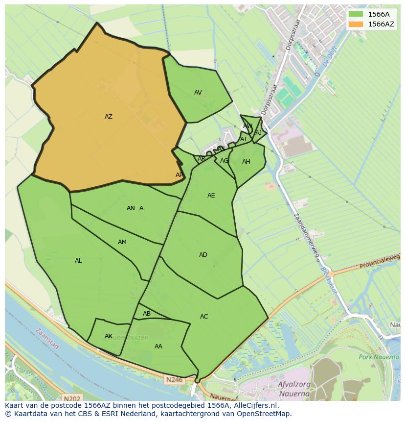 Afbeelding van het postcodegebied 1566 AZ op de kaart.