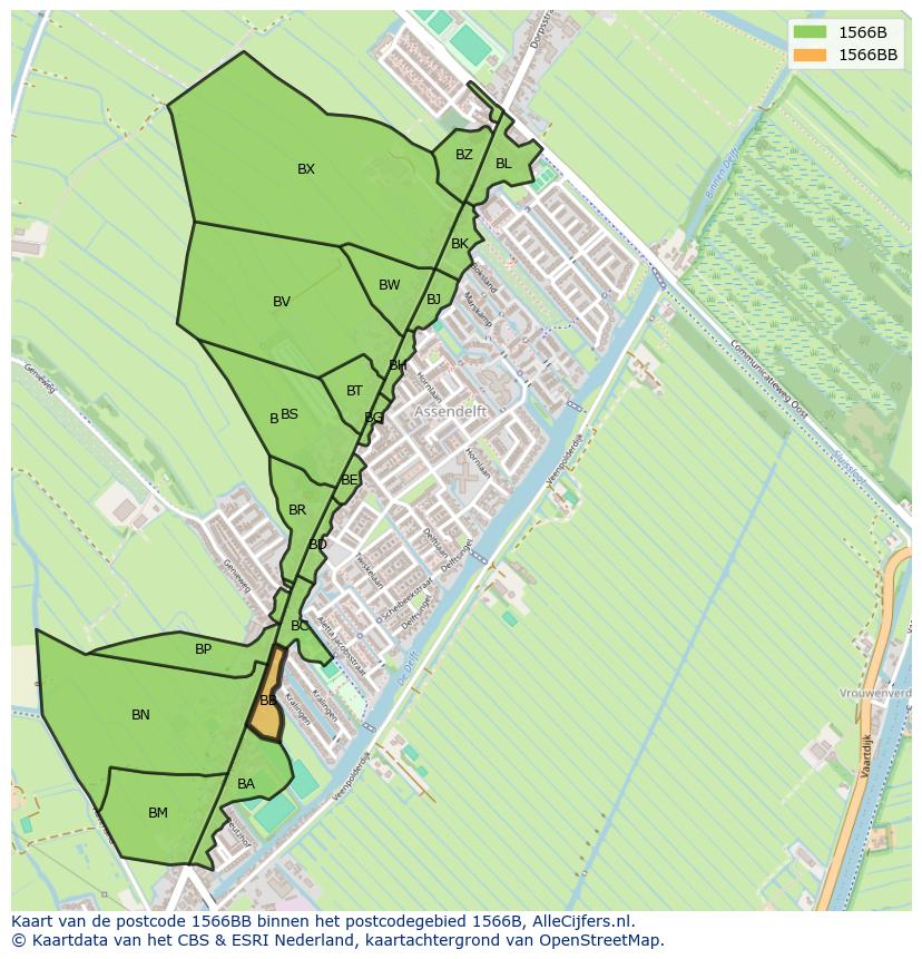 Afbeelding van het postcodegebied 1566 BB op de kaart.