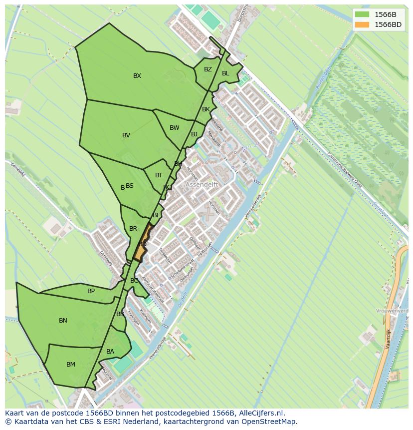 Afbeelding van het postcodegebied 1566 BD op de kaart.