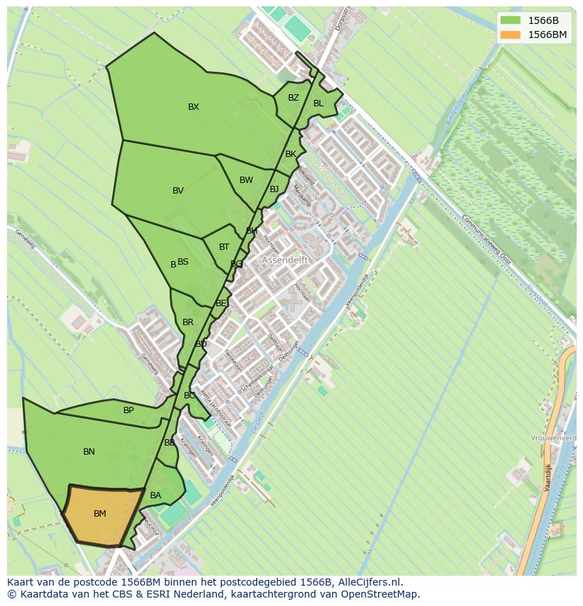 Afbeelding van het postcodegebied 1566 BM op de kaart.