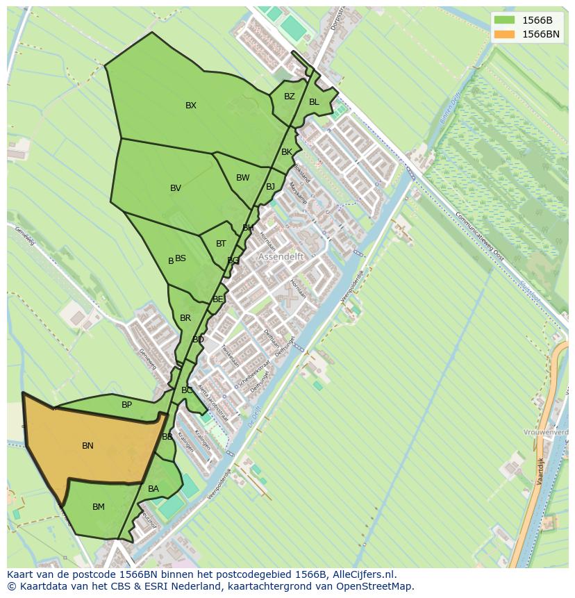 Afbeelding van het postcodegebied 1566 BN op de kaart.