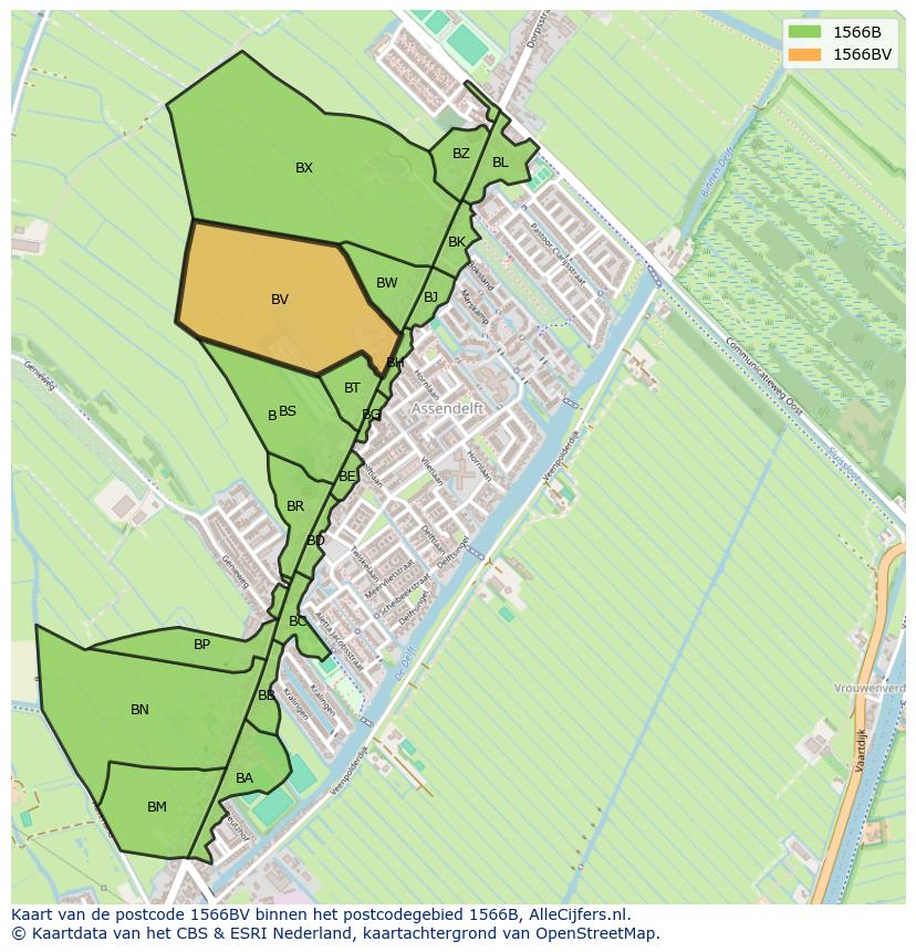 Afbeelding van het postcodegebied 1566 BV op de kaart.