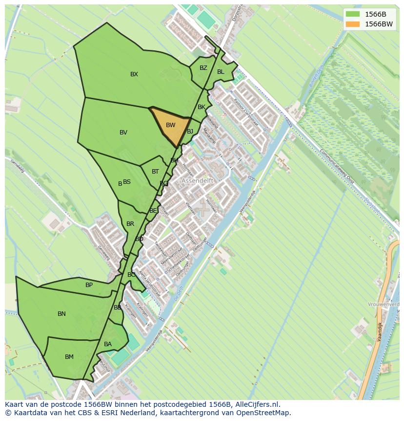 Afbeelding van het postcodegebied 1566 BW op de kaart.