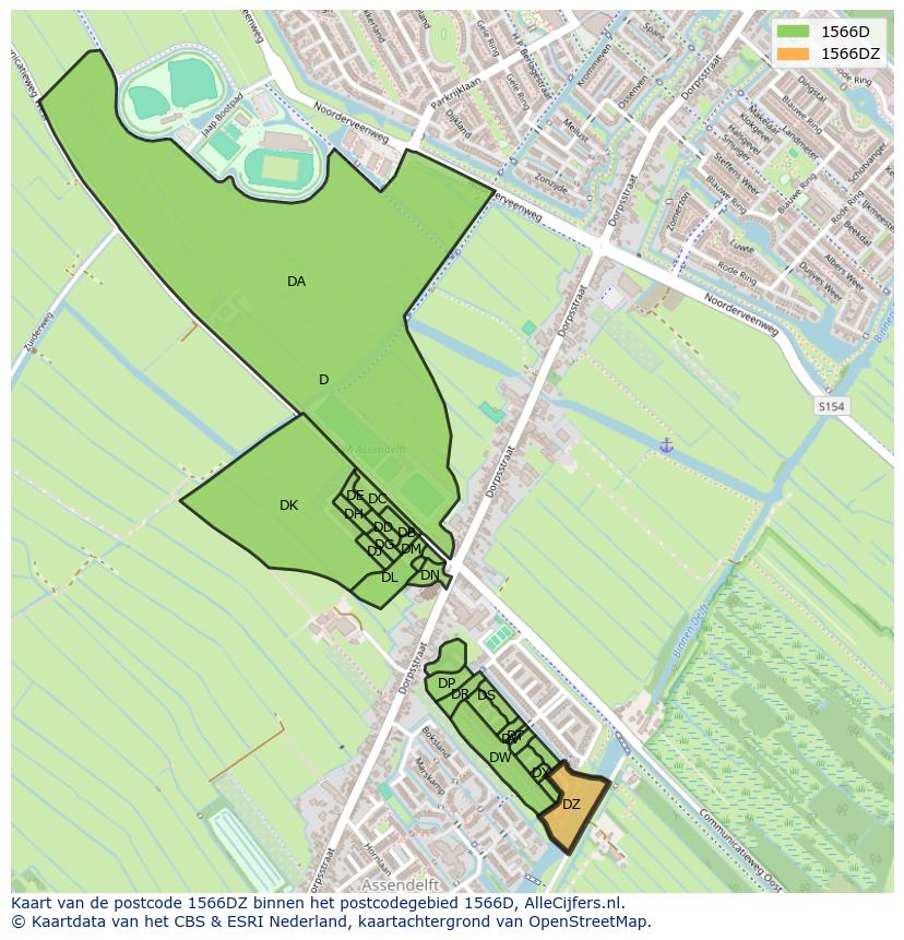 Afbeelding van het postcodegebied 1566 DZ op de kaart.