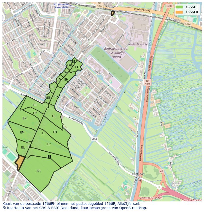 Afbeelding van het postcodegebied 1566 EK op de kaart.