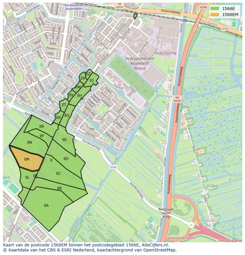 Afbeelding van het postcodegebied 1566 EM op de kaart.