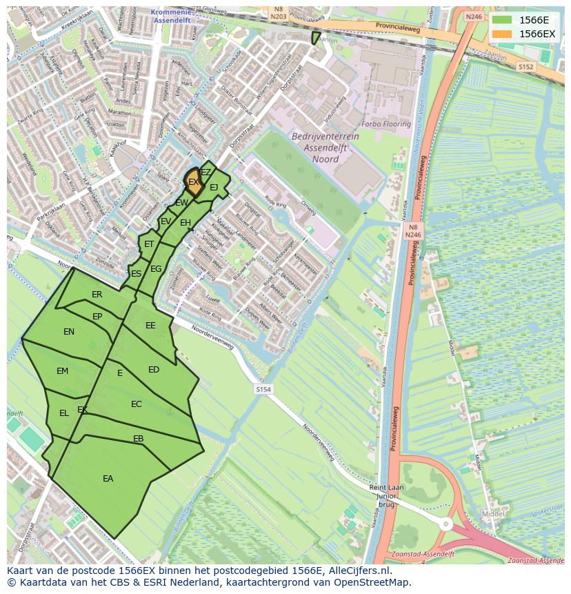 Afbeelding van het postcodegebied 1566 EX op de kaart.