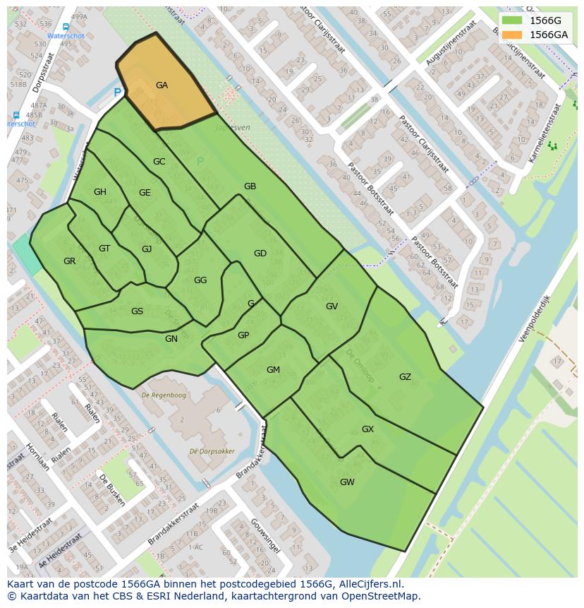 Afbeelding van het postcodegebied 1566 GA op de kaart.