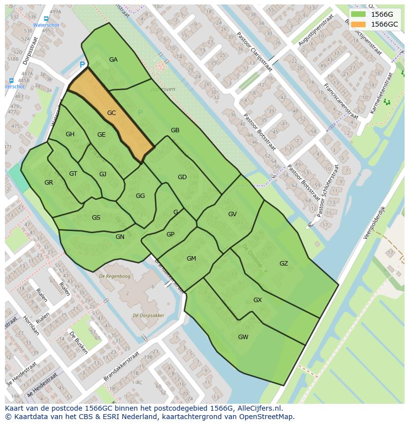 Afbeelding van het postcodegebied 1566 GC op de kaart.
