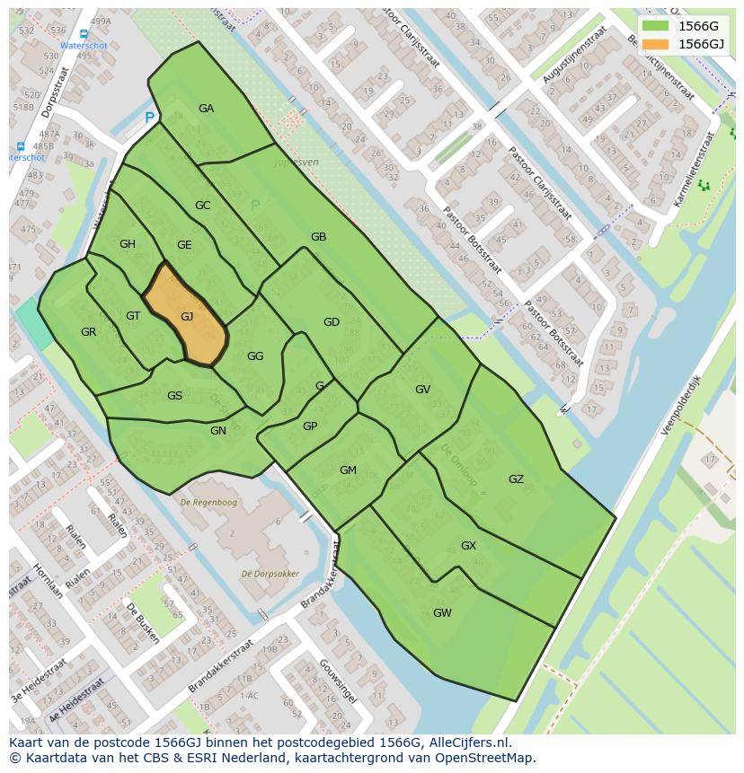 Afbeelding van het postcodegebied 1566 GJ op de kaart.
