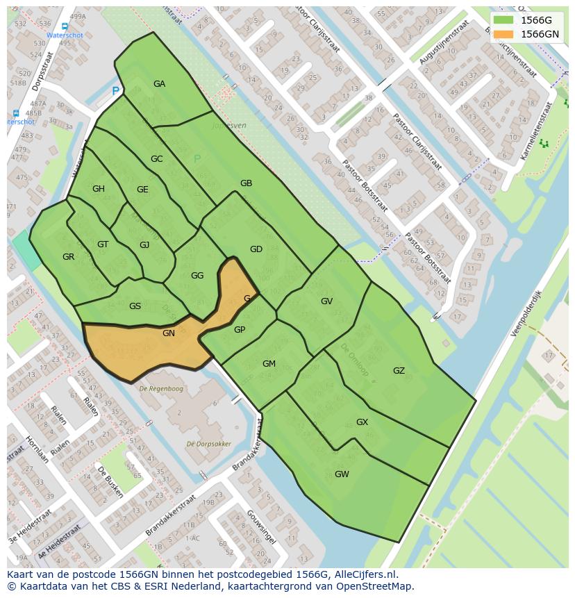 Afbeelding van het postcodegebied 1566 GN op de kaart.