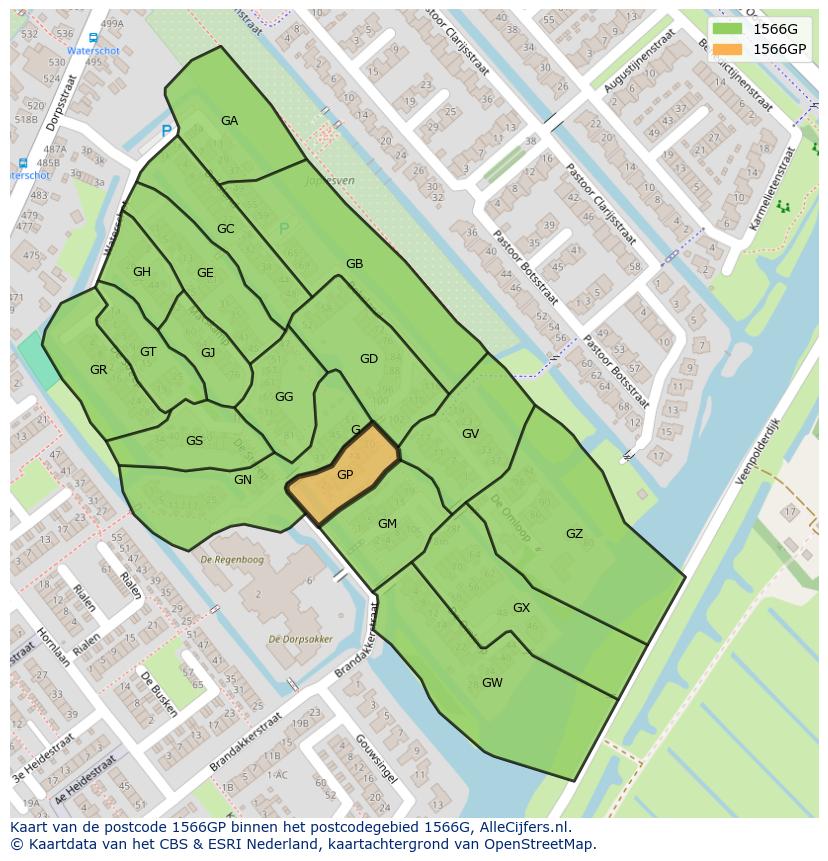 Afbeelding van het postcodegebied 1566 GP op de kaart.