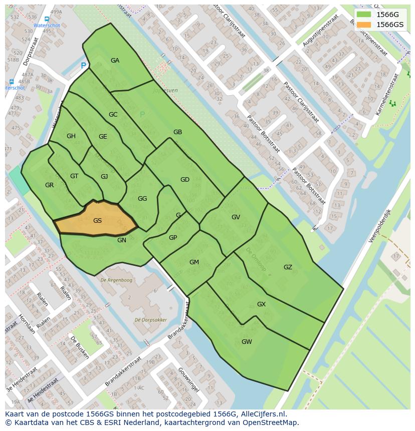 Afbeelding van het postcodegebied 1566 GS op de kaart.