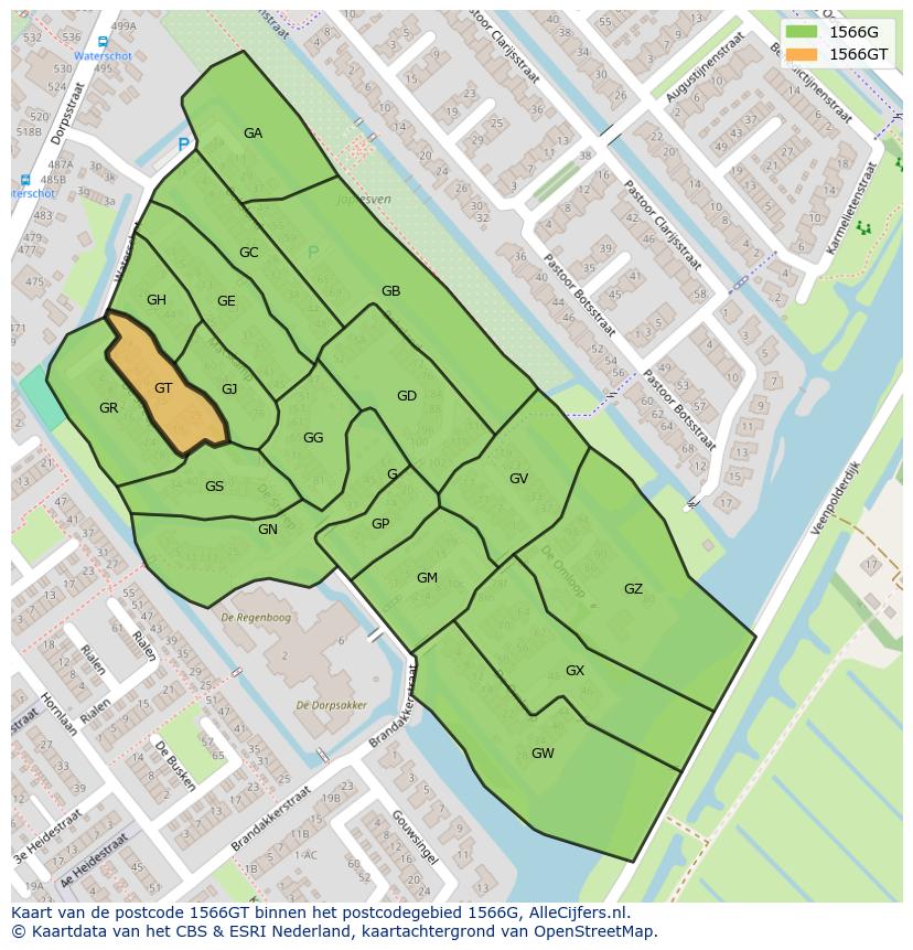 Afbeelding van het postcodegebied 1566 GT op de kaart.