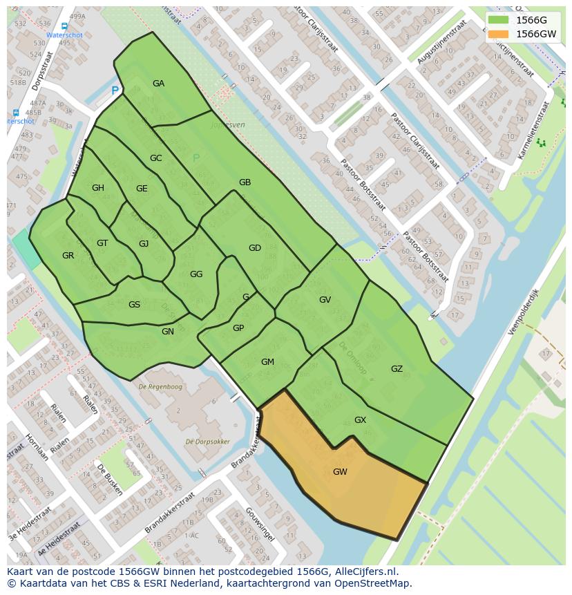 Afbeelding van het postcodegebied 1566 GW op de kaart.