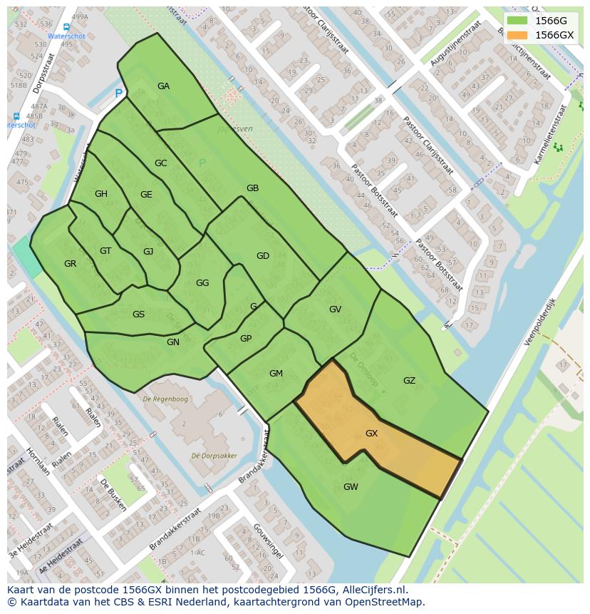 Afbeelding van het postcodegebied 1566 GX op de kaart.