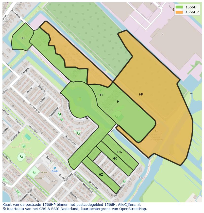 Afbeelding van het postcodegebied 1566 HP op de kaart.