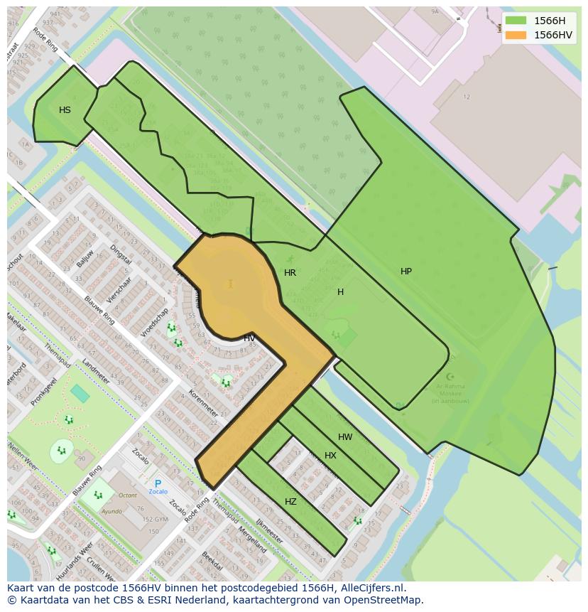 Afbeelding van het postcodegebied 1566 HV op de kaart.