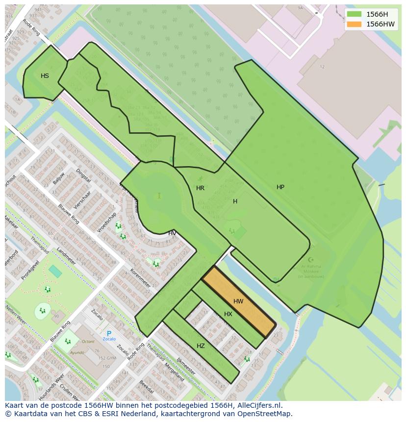 Afbeelding van het postcodegebied 1566 HW op de kaart.