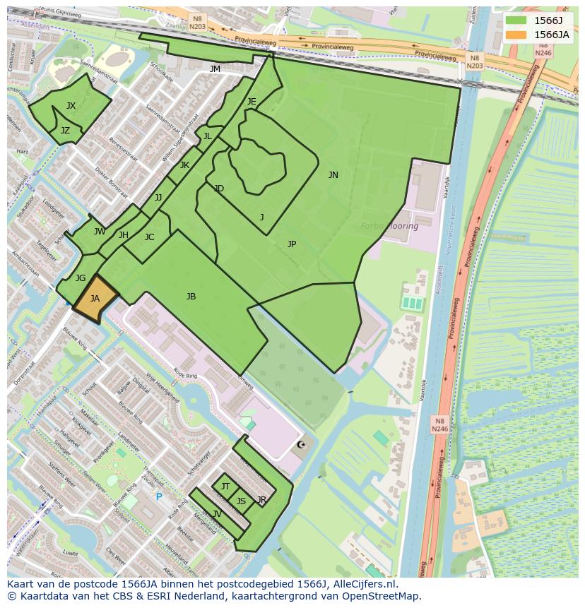 Afbeelding van het postcodegebied 1566 JA op de kaart.