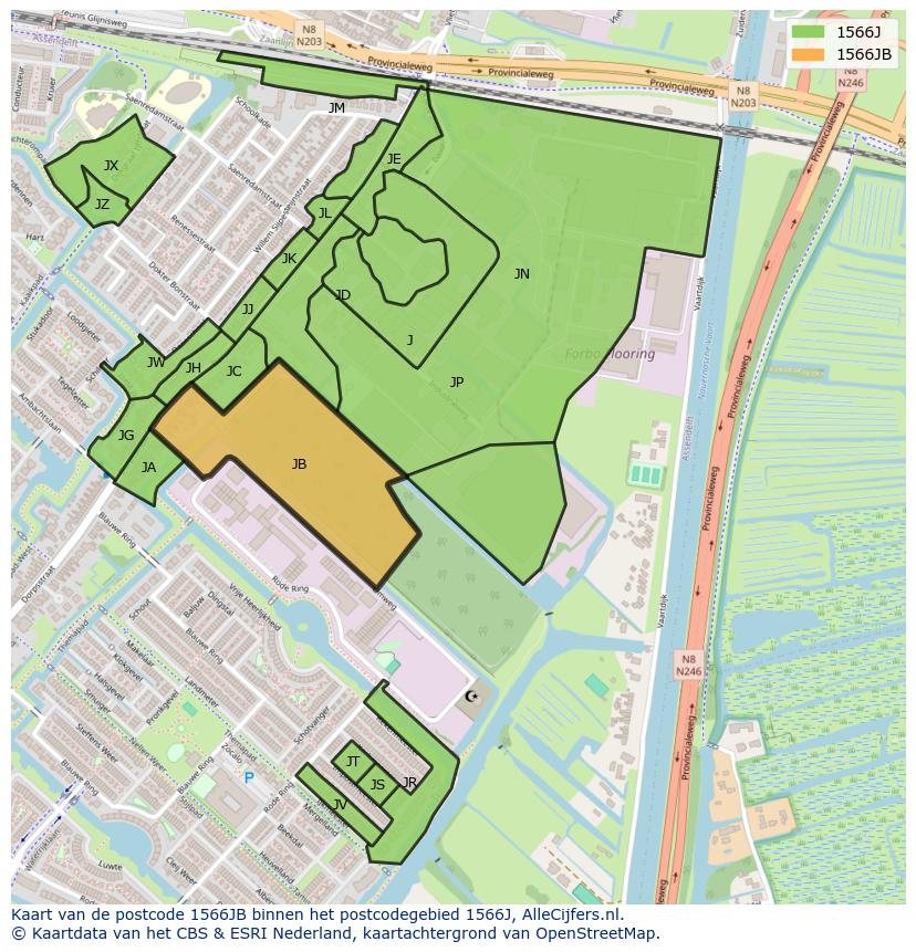 Afbeelding van het postcodegebied 1566 JB op de kaart.